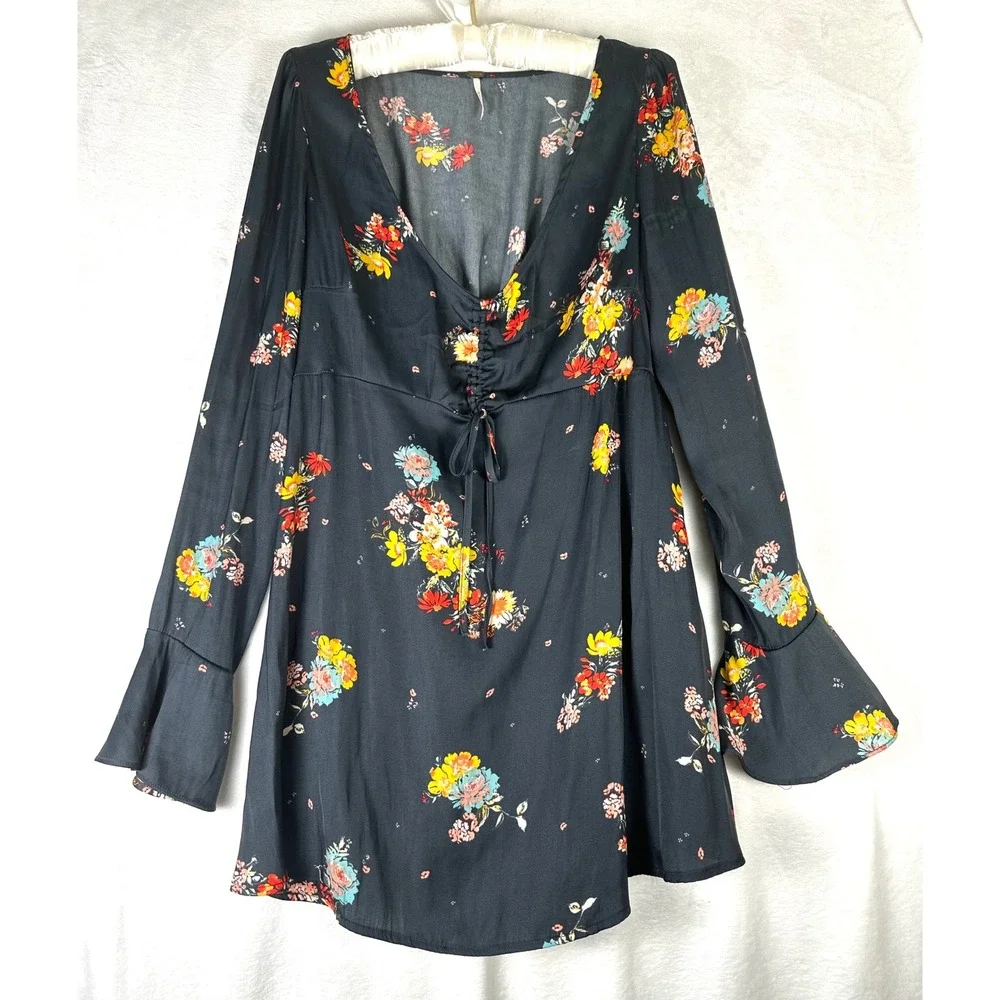 Free People Floral Mini Dress S Black Boho Romantic Whimsigoth Witchy Festival